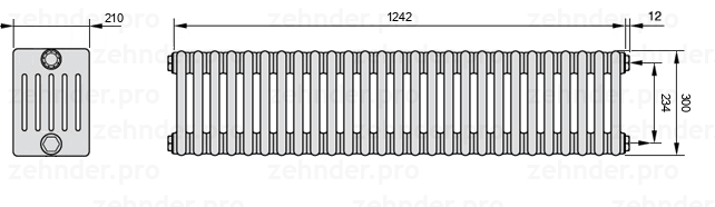 Схема (чертеж) Радиатор Zehnder Charleston 6030/27 №7610 Белый глянцевый RAL 9016